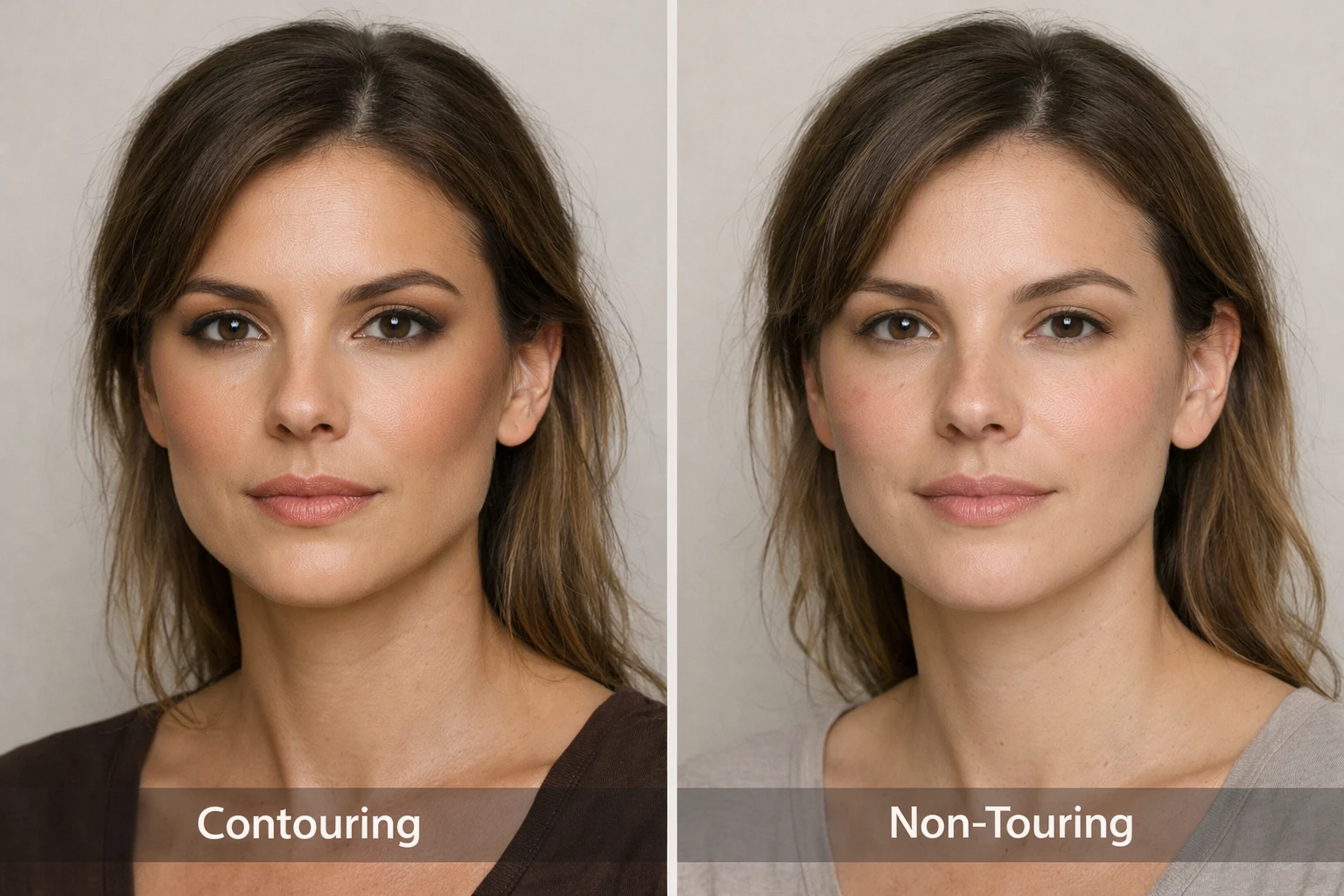 Comparaison entre contouring et non touring avec un maquillage structuré d’un côté et un teint naturel et lumineux de l’autre