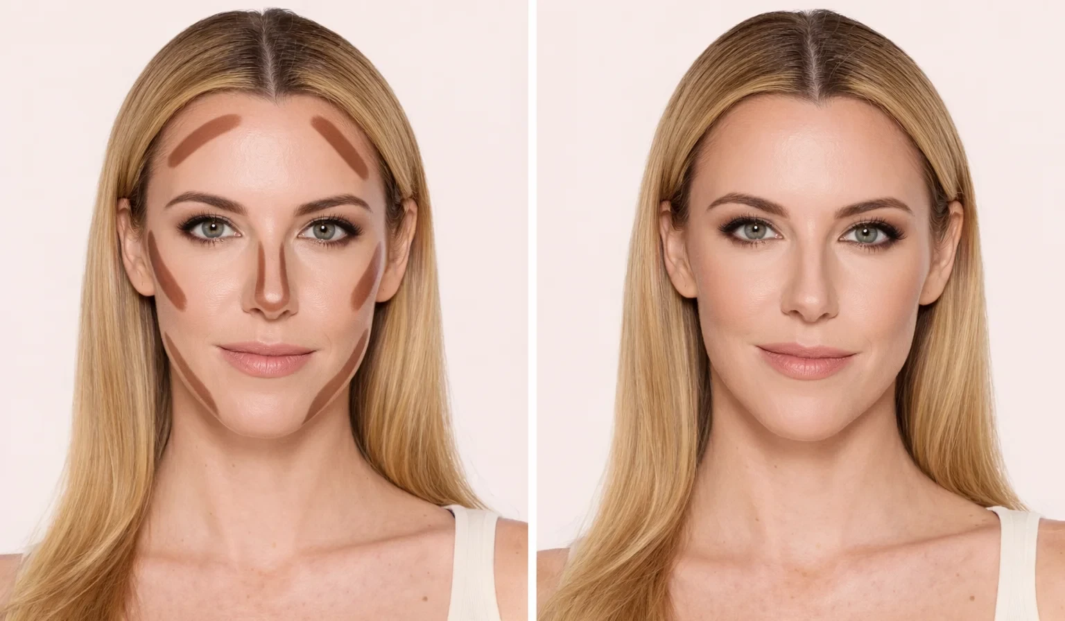 Contouring peau claire avant et après estompage, comparaison du maquillage contour du visage