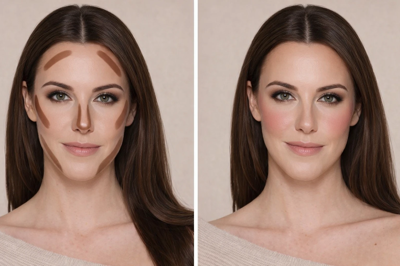 Contouring peau claire avant et après estompage, comparaison du maquillage contour du visage