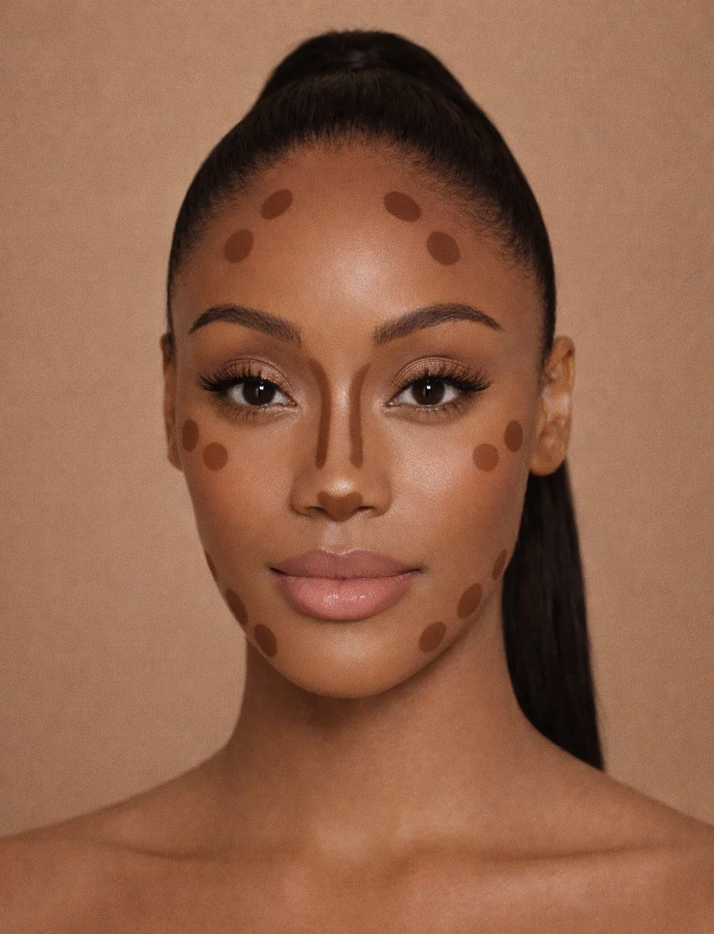 Femme maquillée vue de face avec contouring en points placé sur le front, le nez, les joues et la mâchoire, démonstration pédagogique du placement du contouring visage sur peau mate
