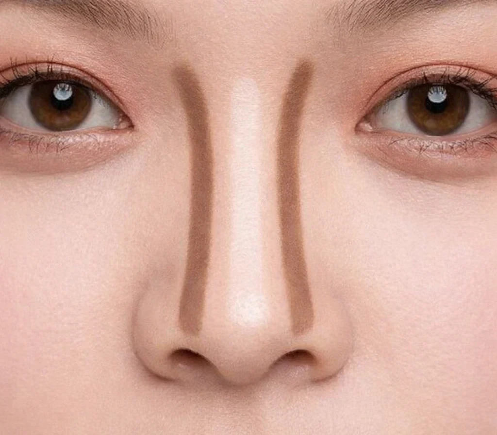 Placement naturel du contouring pour affiner un nez large : traits foncés sur les côtés et lumière au centre du nez