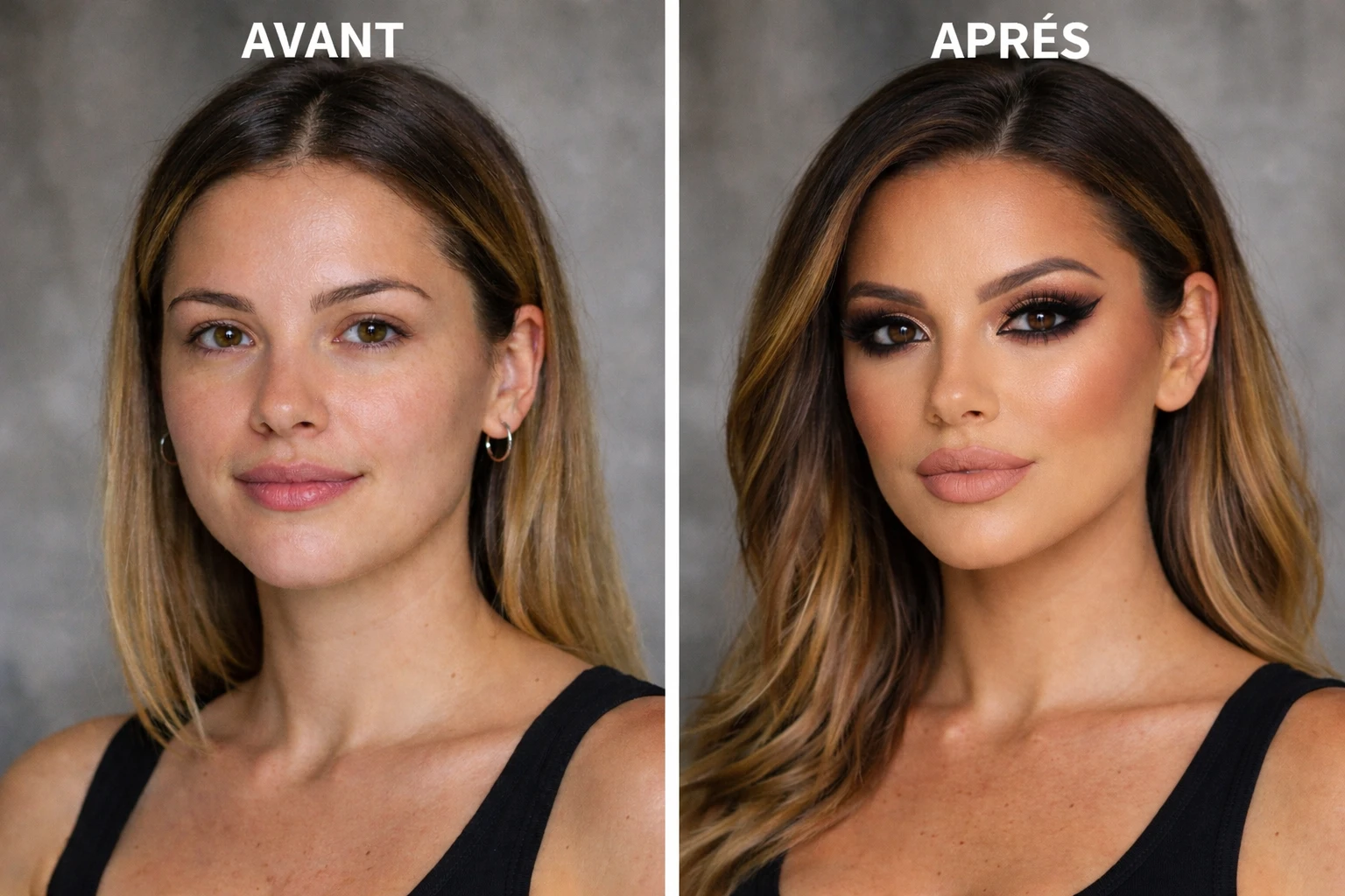 Contouring visage avant après : transformation maquillage full glam avec contouring intense, teint sculpté et regard sophistiqué