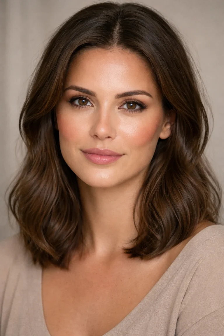 Contouring visage carré sur femme brune aux yeux marron, maquillage naturel avec contours estompés pour adoucir les traits du visage.