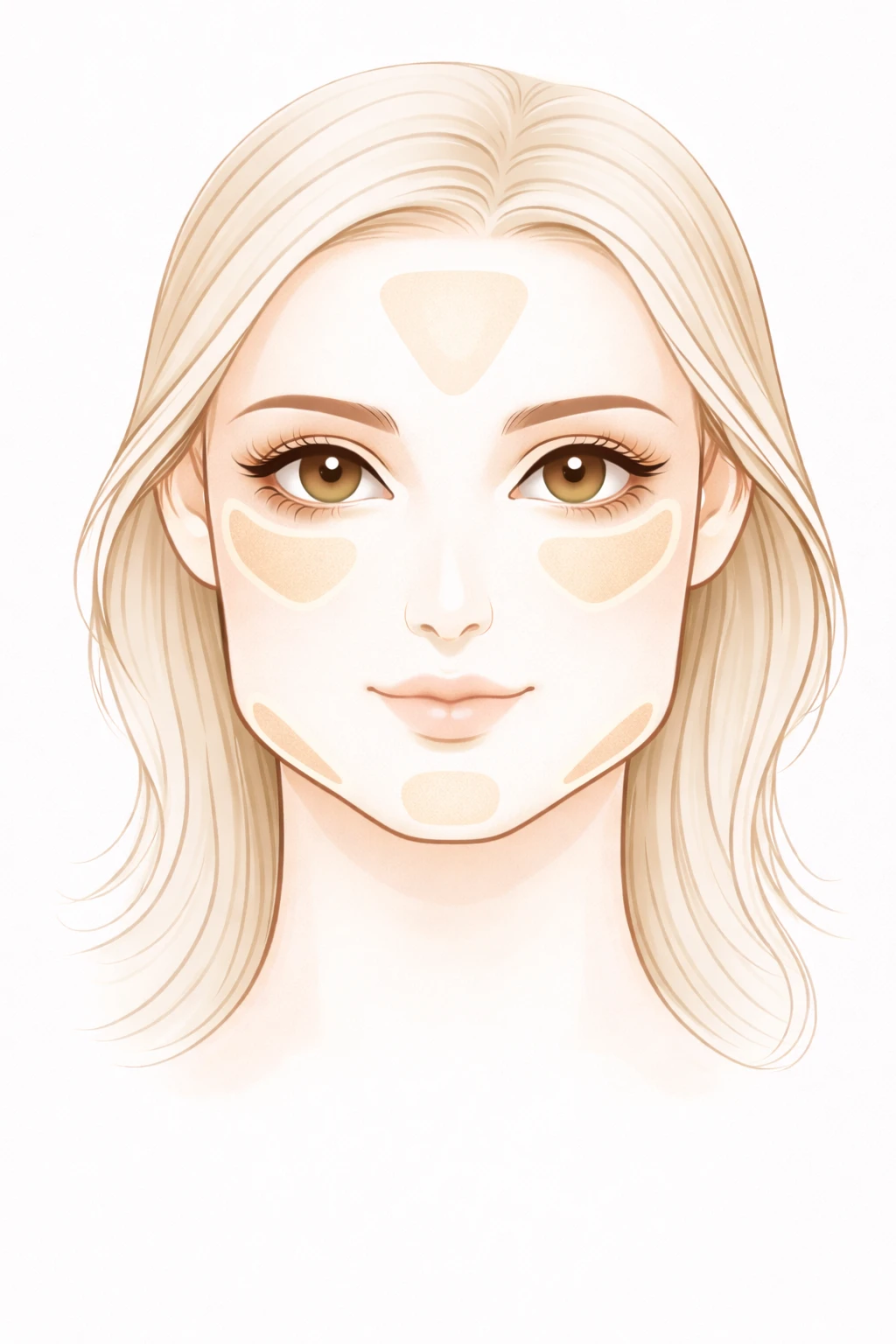 Schéma maquillage visage carré montrant les zones de lumière en beige foncé sur le centre du front, sous les yeux, l’arête du nez et le centre du menton pour illuminer le visage.