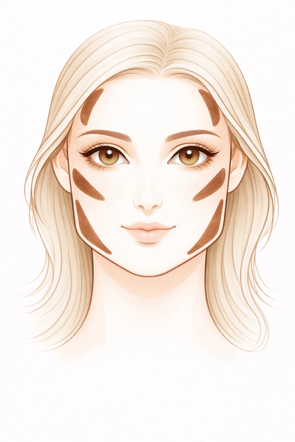 Illustration schéma du contouring pour visage carré avec traits marron foncé placés sur les tempes, les côtés du front, sous les pommettes et le long de la mâchoire pour adoucir les angles du visage.