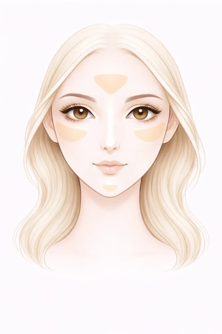 Schéma de maquillage illuminateur pour visage en forme de cœur, mettant en évidence les zones de lumière au centre du front, sous les yeux, sur le menton et sur l’arête du nez pour apporter de l’éclat et équilibrer les volumes du visage.
