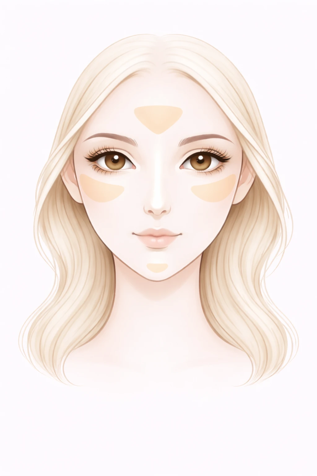 Schéma de maquillage illuminateur pour visage en forme de cœur, mettant en évidence les zones de lumière au centre du front, sous les yeux, sur le menton et sur l’arête du nez pour apporter de l’éclat et équilibrer les volumes du visage.