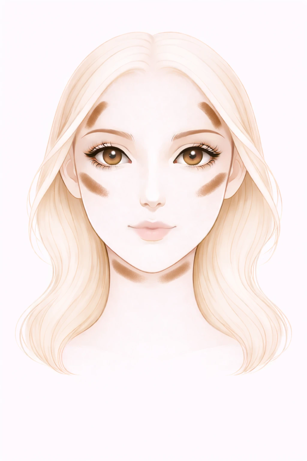 Schéma de contouring pour visage en forme de cœur, montrant les zones d’ombres en marron foncé sur les côtés du front, au niveau des tempes, sous les pommettes et sous le menton afin de structurer et affiner le visage.