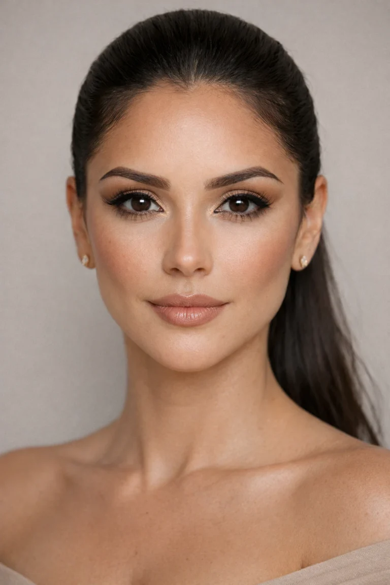 Femme au visage en diamant avec un contouring naturel, traits légèrement asymétriques et maquillage discret