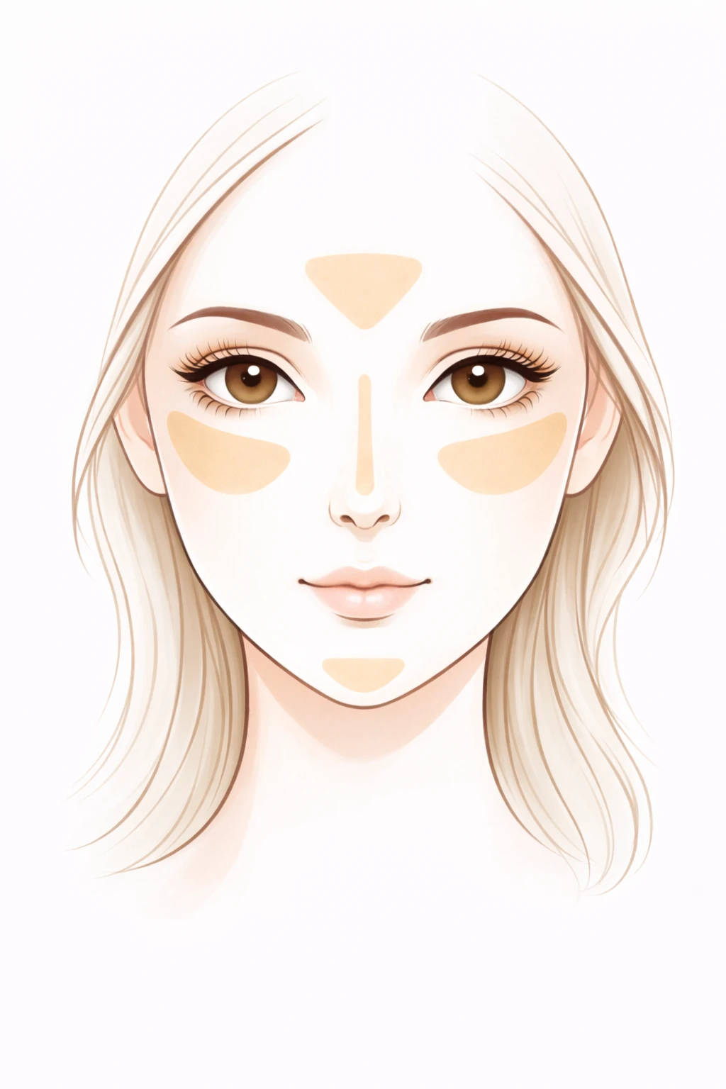 Schéma du contouring pour visage ovale montrant les zones à illuminer : centre du front, haut des pommettes, arête du nez, arc de Cupidon et menton.