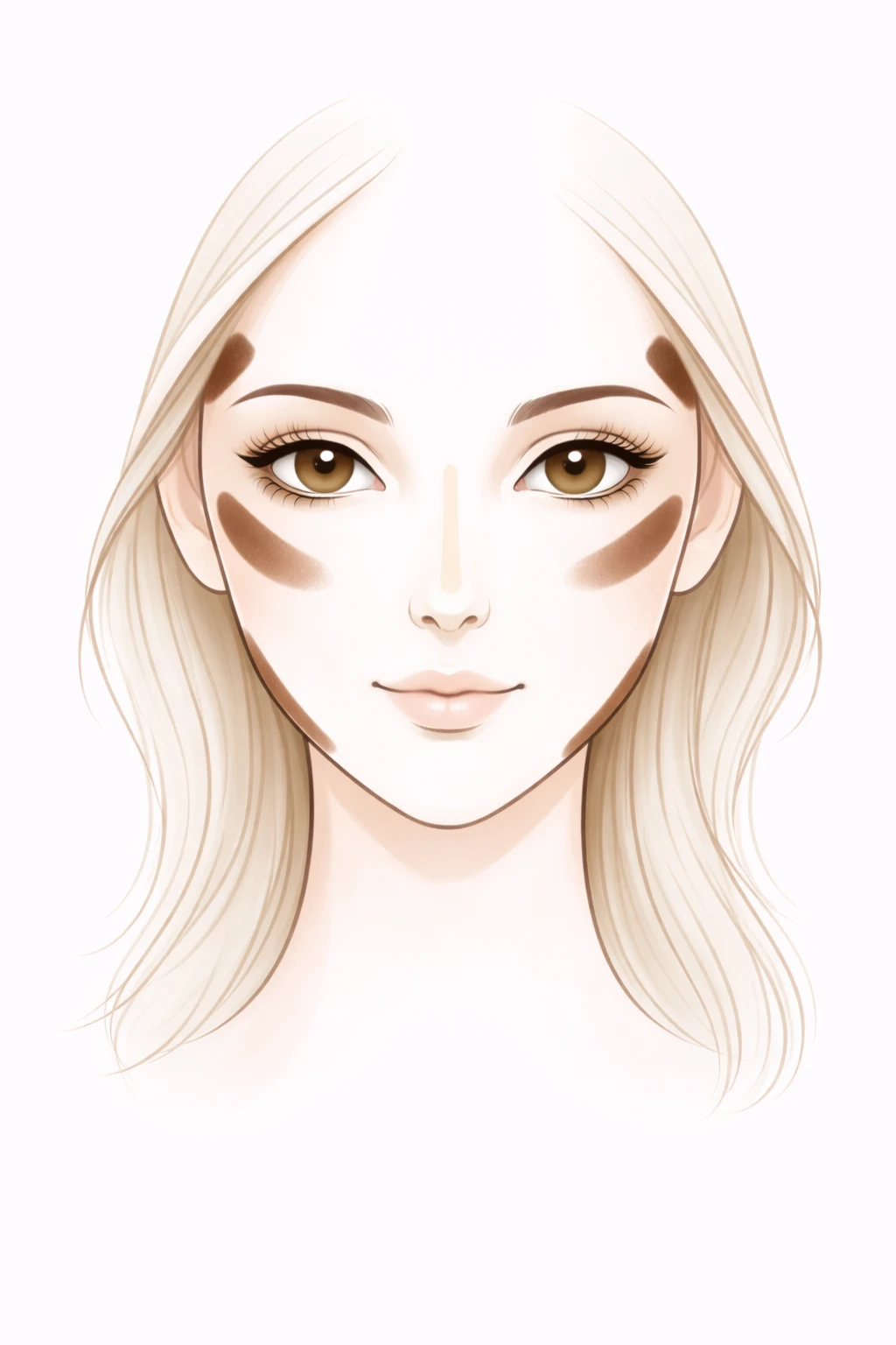 Schéma du contouring pour visage ovale indiquant les zones à foncer : creux des joues sous les pommettes, tempes et contour de la mâchoire.