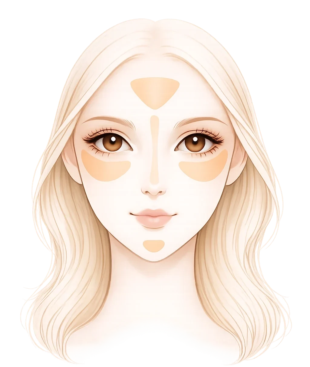 Contouring peau claire : où appliquer le bronzer et l’illuminateur sur le visage. Schéma placement anti cernes / concealer
