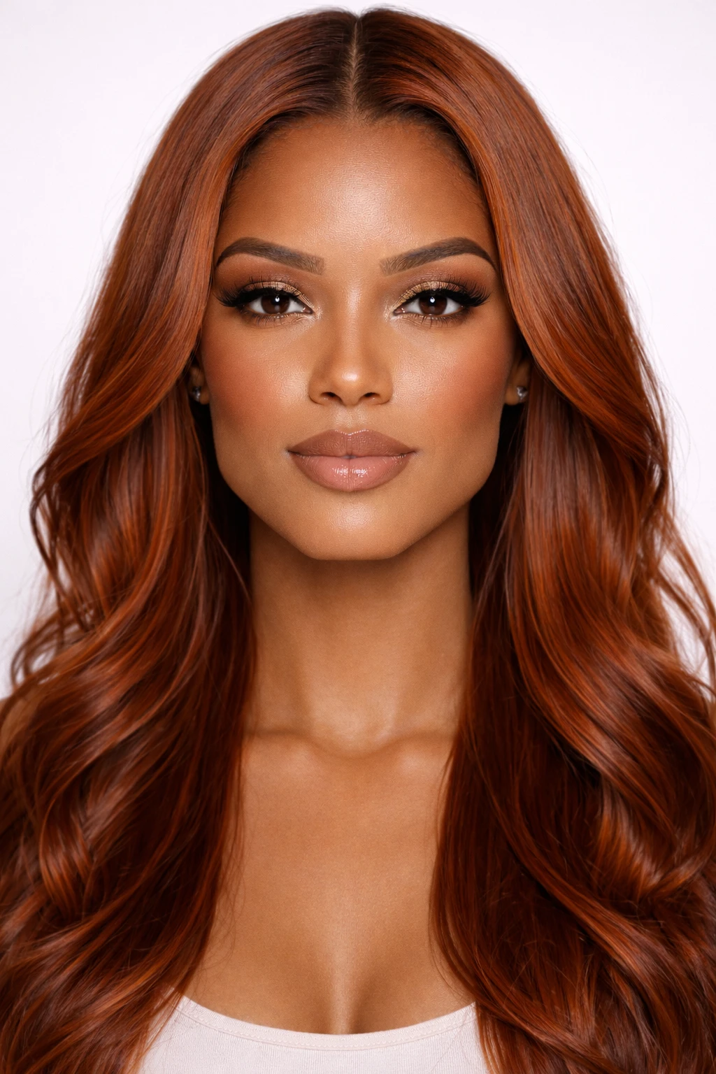 Contouring visage rectangulaire sur femme rousse à la peau métisse, maquillage structurant la mâchoire et les traits du visage