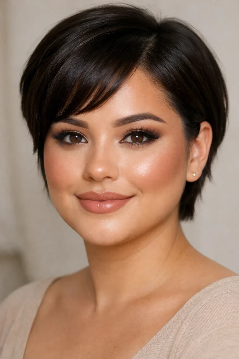 Contouring réussi sur visage rond avec cheveux courts, technique de maquillage pour structurer les traits et affiner le visage