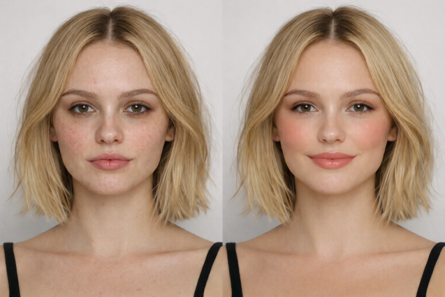 Comparaison avant après draping contouring blush visage : même femme de face, même lumière, teint terne avec cernes et rougeurs puis teint lumineux réchauffé au blush, peau plus uniforme et éclatante.