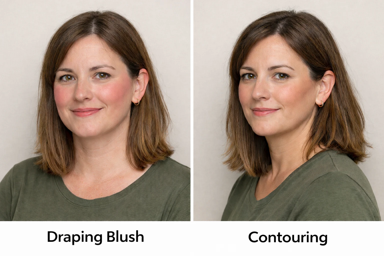Photo comparative maquillage sur une même femme : à gauche le draping blush avec un effet bonne mine diffus sur les joues, à droite le contouring avec des traits plus structurants pour sculpter le visage, sur fond neutre.