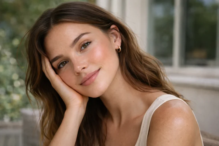 Maquillage non touring avec teint naturel, peau lumineuse et blush discret pour un rendu frais et léger