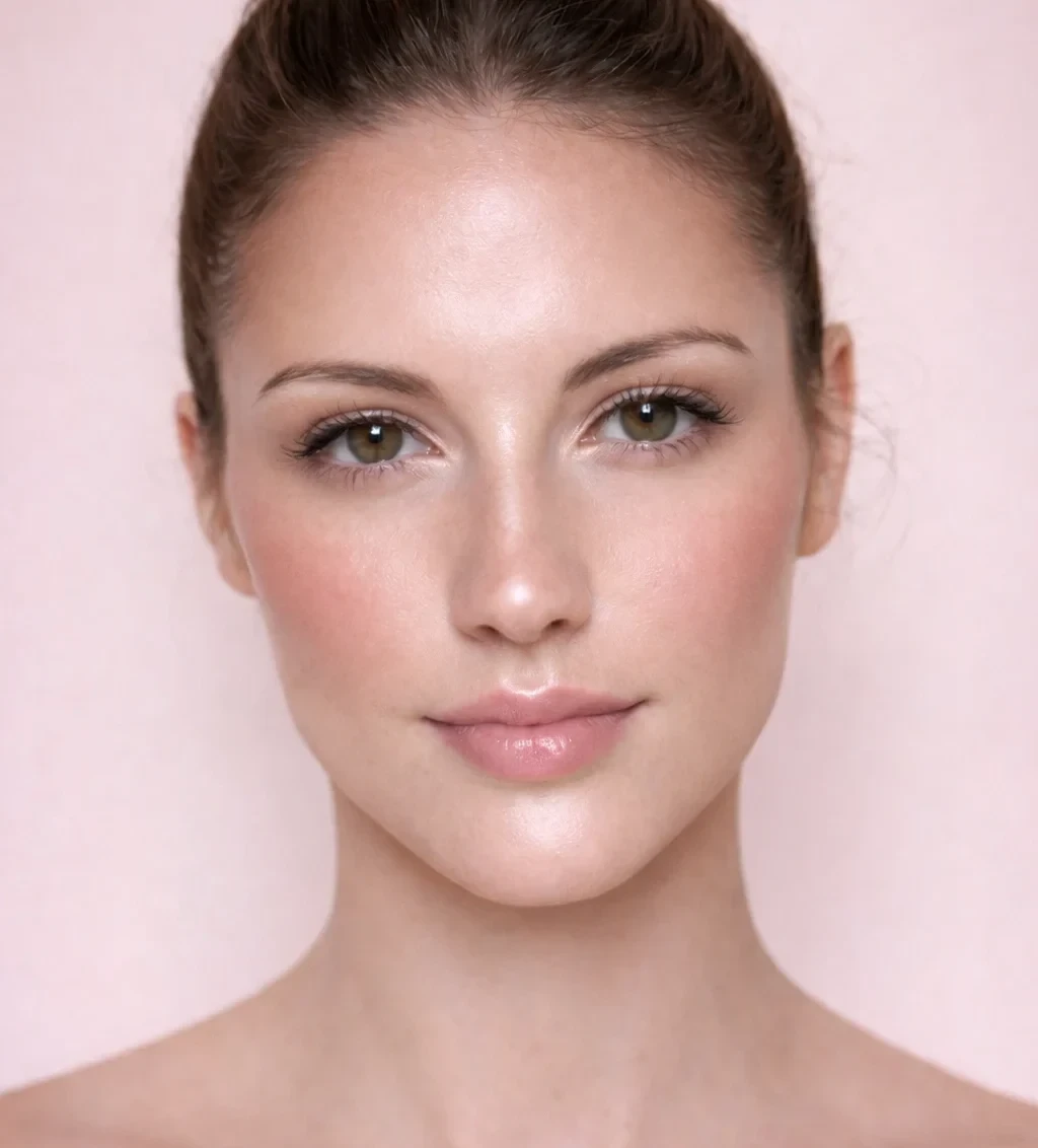 visage féminin avec strobing et contouring léger, teint lumineux et naturel, blush rosé, zones de lumière sur le front, les pommettes et l’arête du nez, contouring doux pour structurer le visage,