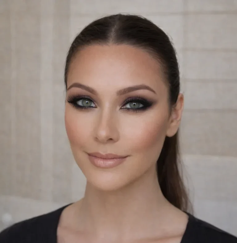Résultat final du contouring du visage : maquillage professionnel avec teint sculpté, blush et smoky eyes, portrait de face