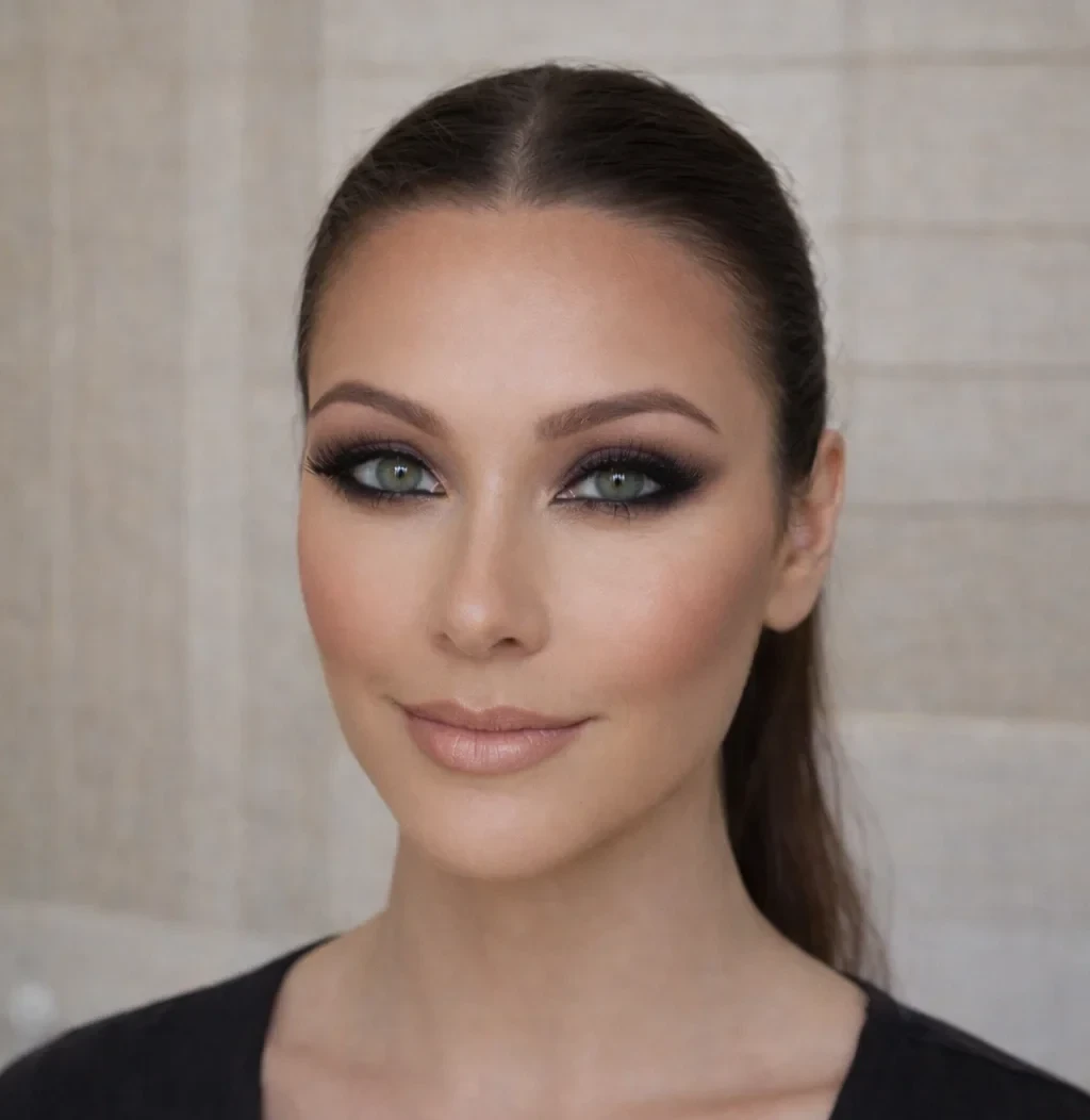 Résultat final du contouring du visage : maquillage professionnel avec teint sculpté, blush et smoky eyes, portrait de face