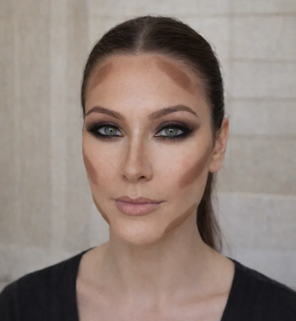 Application du contouring avec concealer : traits foncés et clairs placés sur le front, le nez et les joues pour structurer le visage