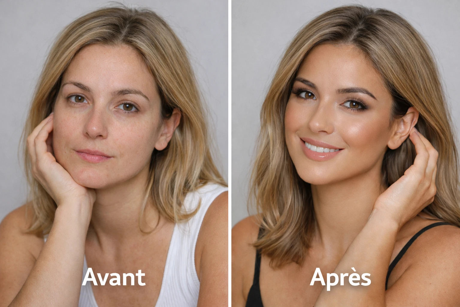 Avant après brontouring sur peau pâle : teint terne avant, effet bonne mine naturel après maquillage visage contouring