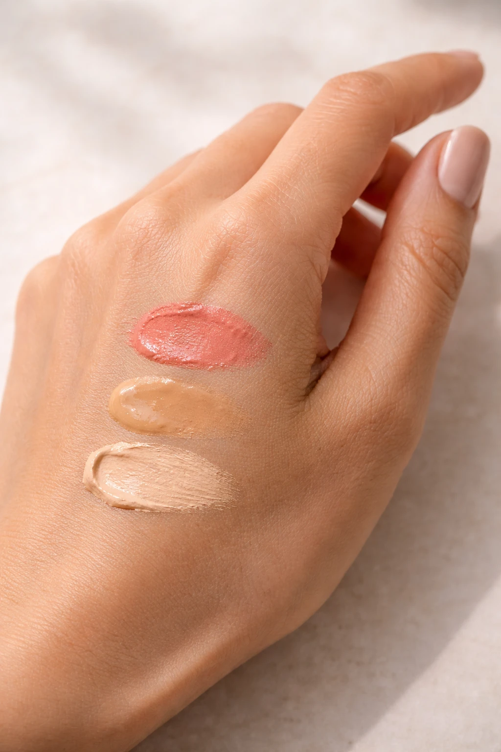 Textures de maquillage crème appliquées sur le dos d’une main en lumière naturelle