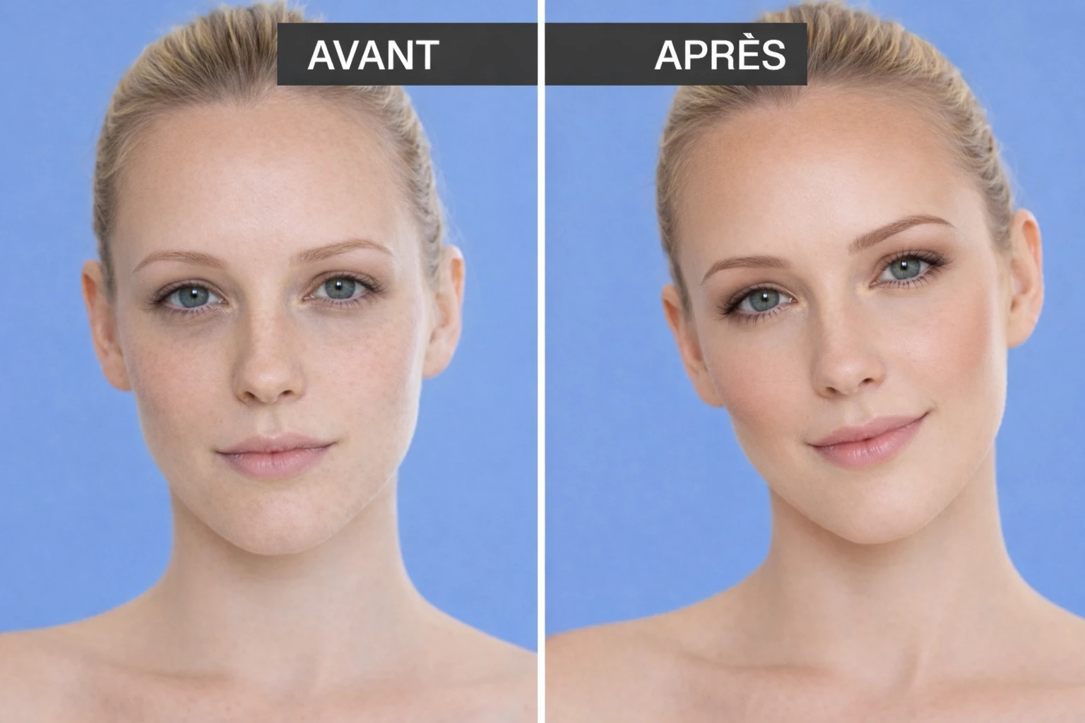 Avant après brontouring sur peau pâle : teint terne avant, effet bonne mine naturel après maquillage