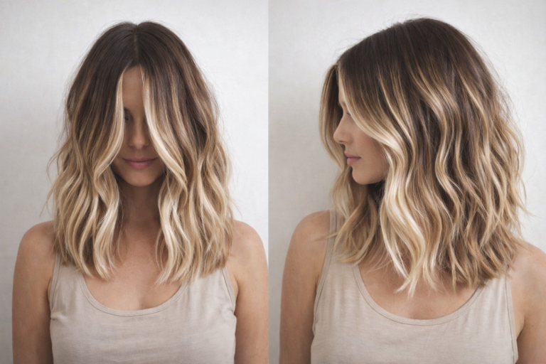 Hair contouring coiffure femme : balayage contouring sur cheveux ondulés mi-longs, jeu d’ombres et de lumières autour du visage, dégradé des racines foncées aux pointes blondes, vue de face et de profil sur fond clair