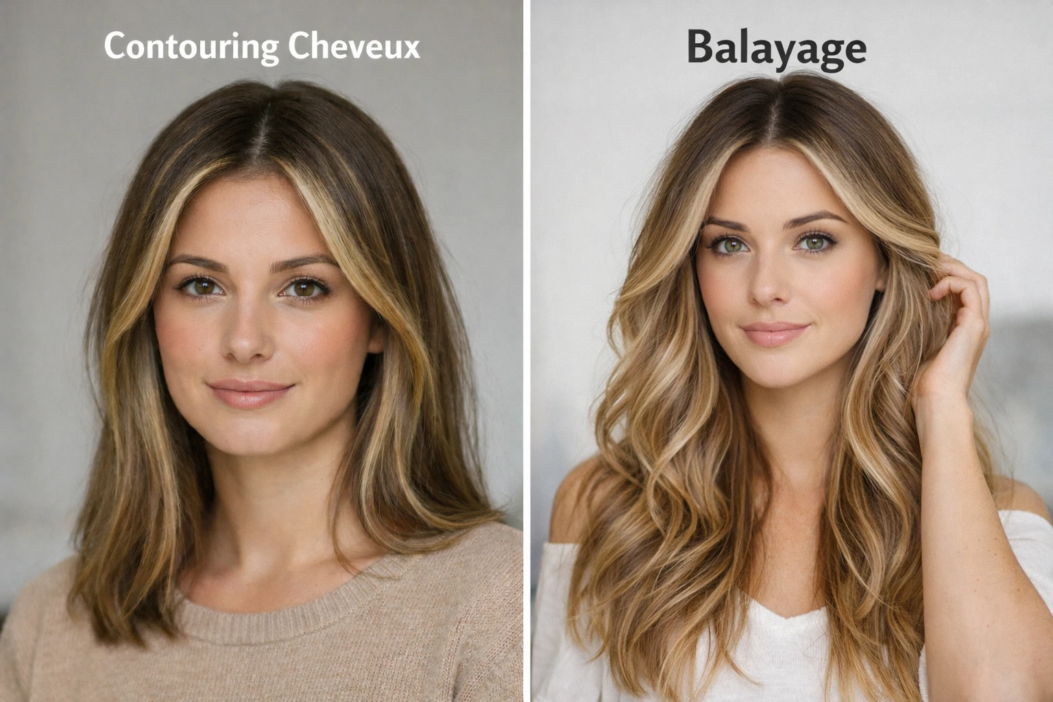 Comparaison coiffure : contouring cheveux et balayage, deux femmes côte à côte montrant les différences de placement des mèches, de longueur et d’effet sur la forme du visage