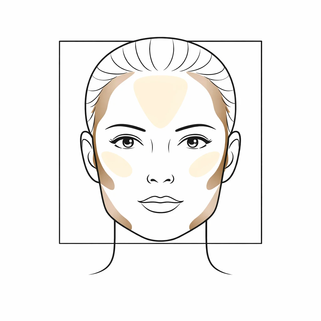 Schéma contouring visage carré avec zones d’ombre sur la mâchoire et lumière au centre