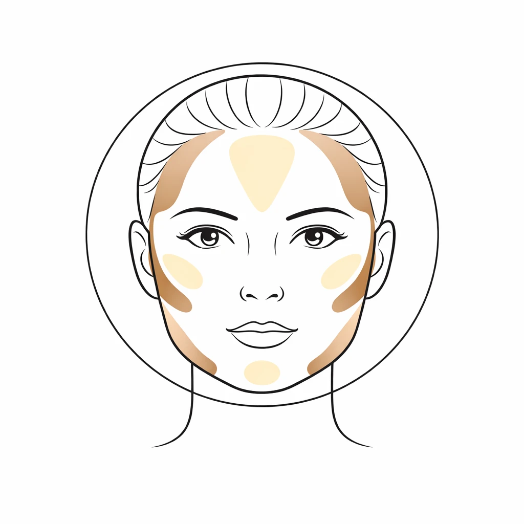 Schéma contouring visage rond avec placement des zones d’ombre et de lumière