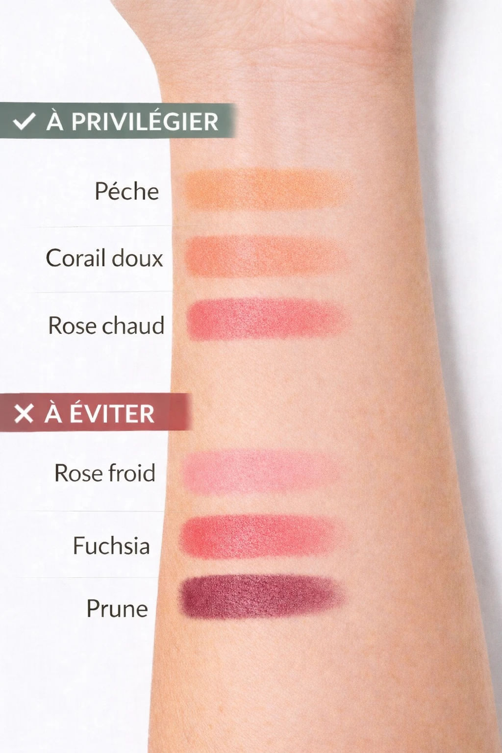 Nuancier de teintes de blush pour peau claire à sous-ton chaud, montrant les couleurs recommandées et celles à éviter pour un rendu naturel