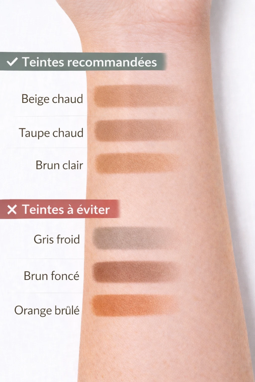 Nuancier de teintes de contouring pour peau claire à sous-ton chaud, avec couleurs recommandées et teintes à éviter pour un contouring naturel