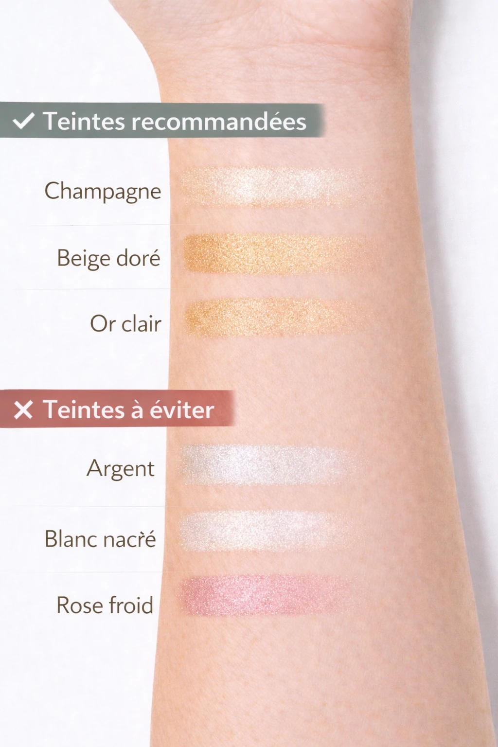 Nuancier de teintes d’highlighter pour peau claire à sous-ton chaud, avec teintes recommandées et teintes à éviter pour illuminer sans effet artificiel