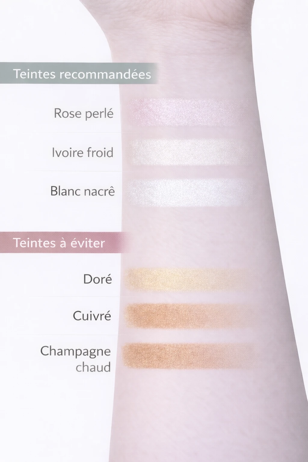 Nuancier de teintes d’highlighter pour peau claire à sous-ton froid, avec teintes recommandées et teintes à éviter pour illuminer le teint sans effet chaud