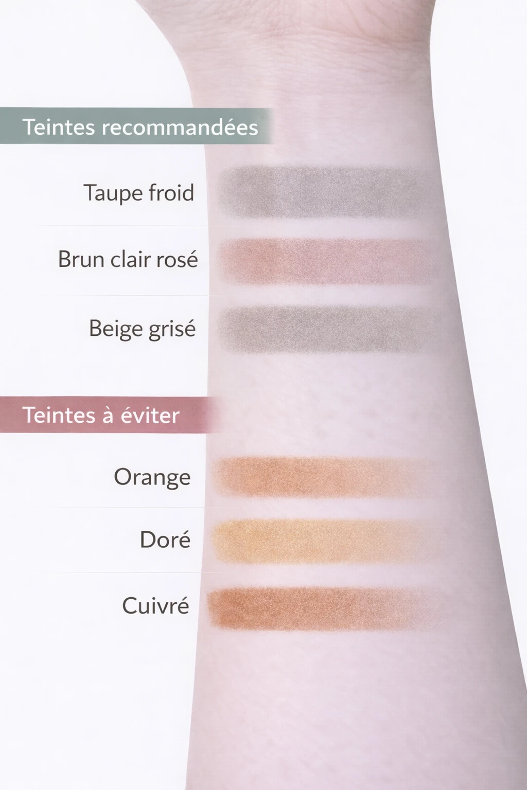 Nuancier de teintes de contouring pour peau claire à sous-ton froid, comparant teintes recommandées et teintes à éviter