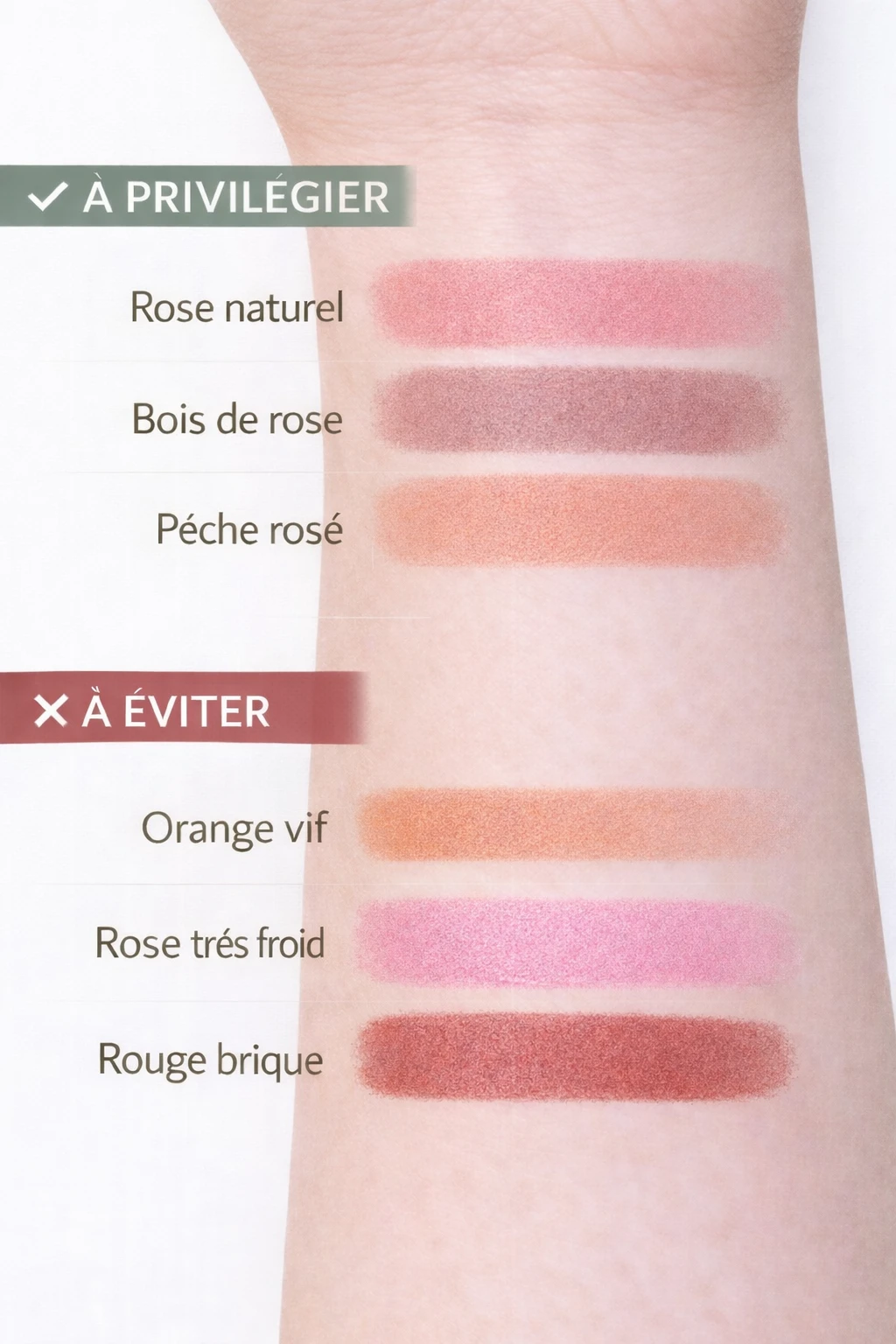 Nuancier de teintes de blush pour peau claire à sous-ton neutre, montrant les couleurs recommandées et les teintes à éviter pour un résultat équilibré