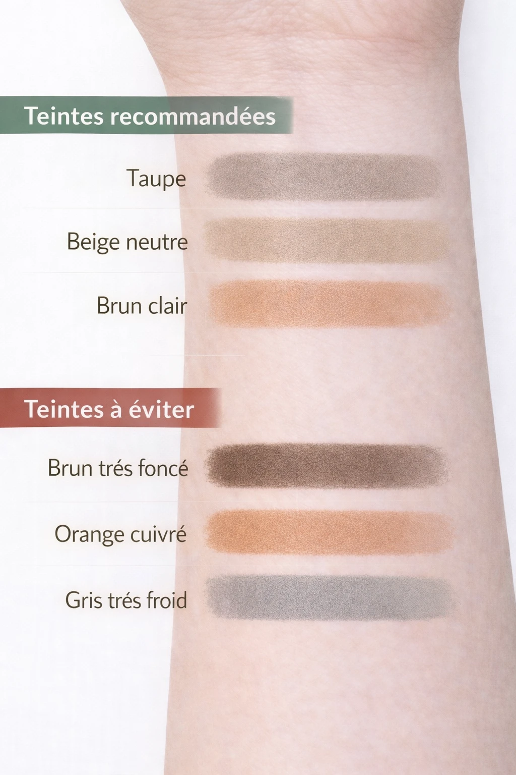 Nuancier de teintes de contouring pour peau claire à sous-ton neutre, montrant les teintes adaptées et celles à éviter