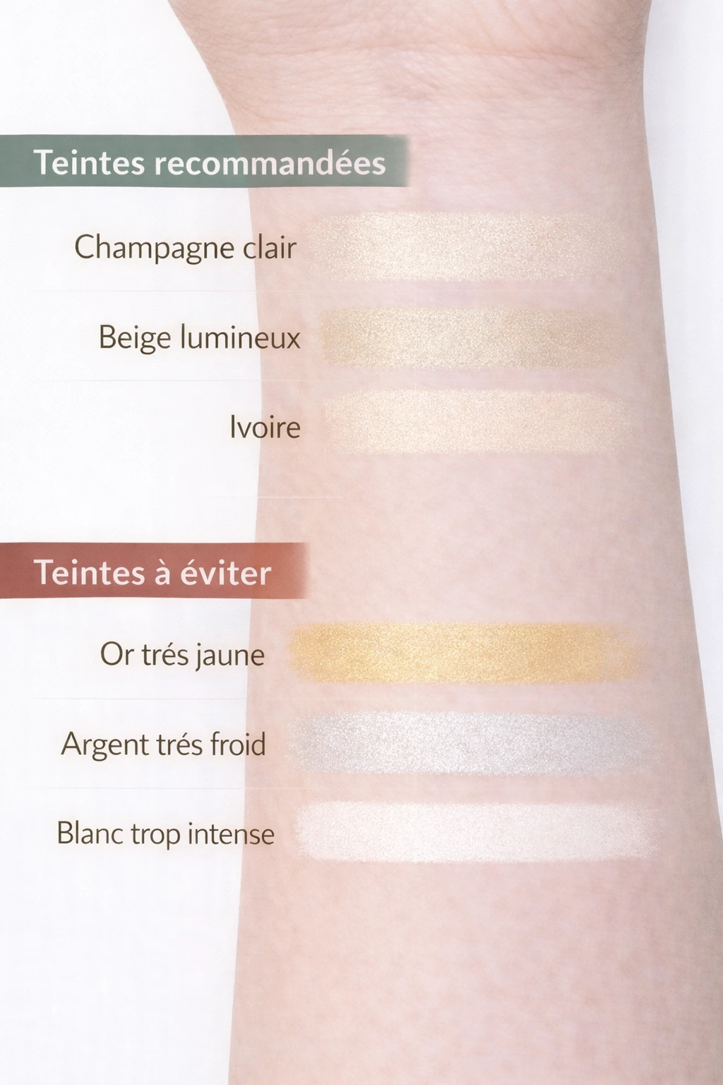 Nuancier de teintes d’highlighter pour peau claire à sous-ton neutre, avec teintes recommandées et teintes à éviter pour illuminer le teint naturellement