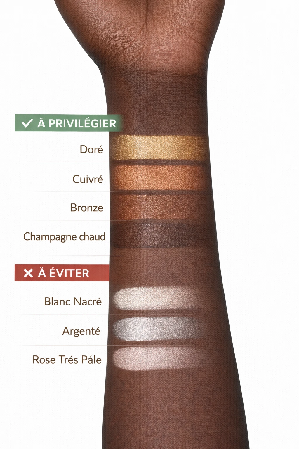 Nuancier de highlighter sur peau noire, montrant les teintes de lumière recommandées (doré, cuivré, bronze, champagne chaud) et les teintes à éviter (blanc nacré, argenté, rose très pâle), appliquées en bandes sur l’avant-bras, sur fond blanc.