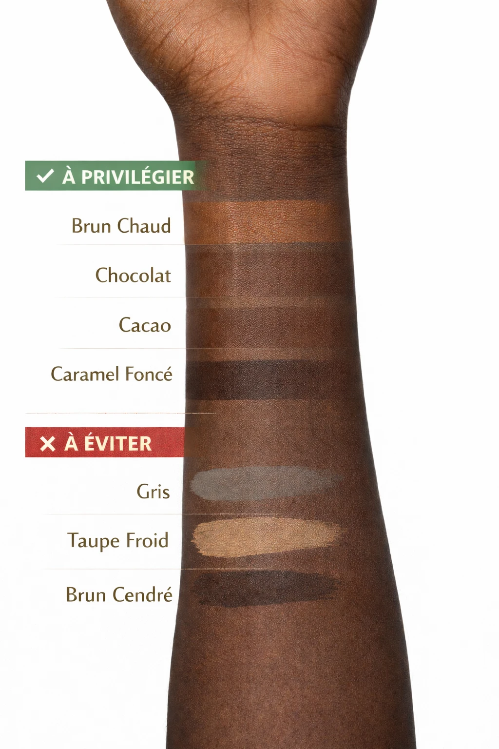 Nuancier de contouring sur bras à peau noire au sous-ton chaud, montrant les teintes recommandées et les teintes à éviter appliquées directement sur la peau pour le contouring 