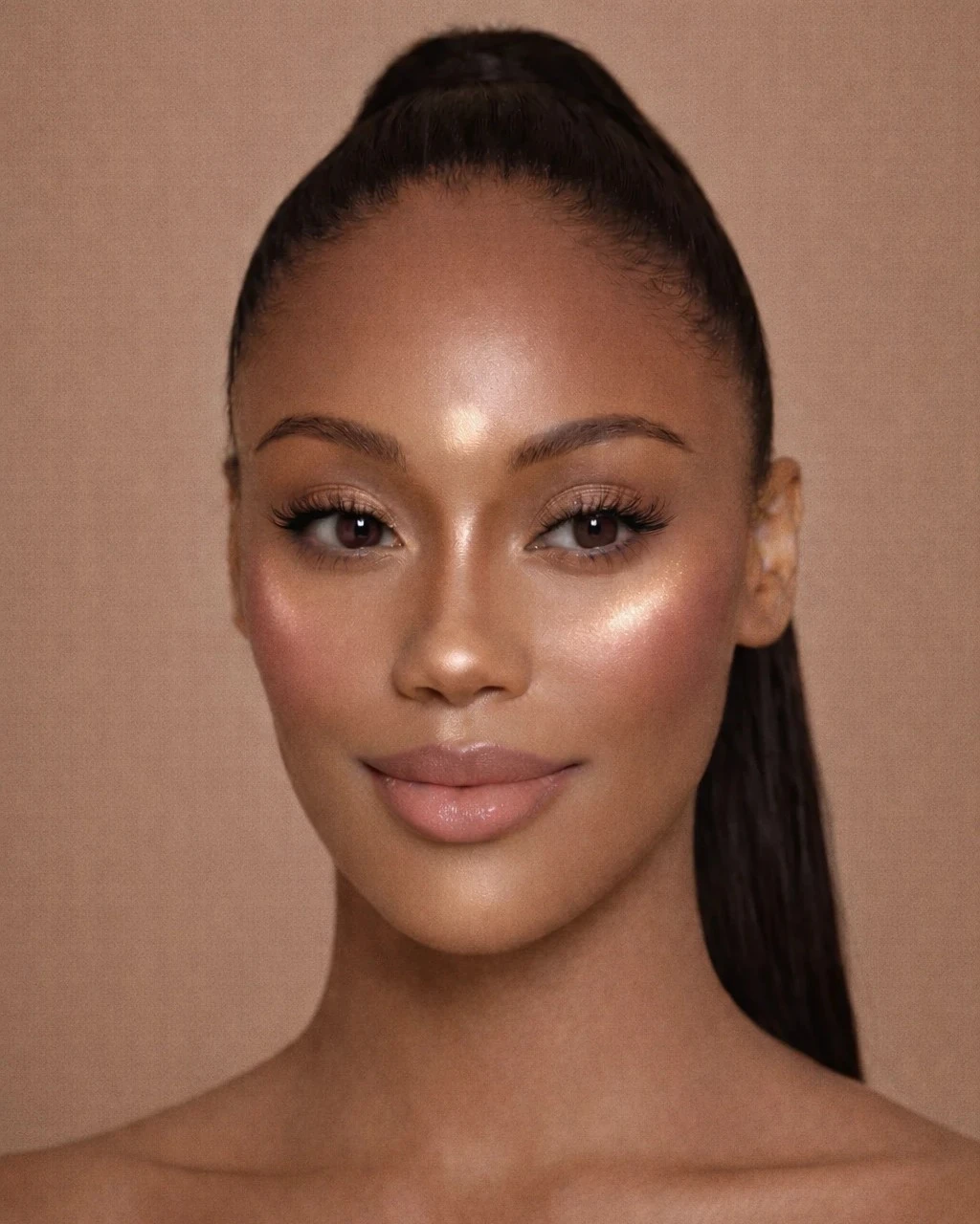 Résultat final du contouring sur peau noire avec teint lumineux, blush et highlighter pour sublimer le visage.