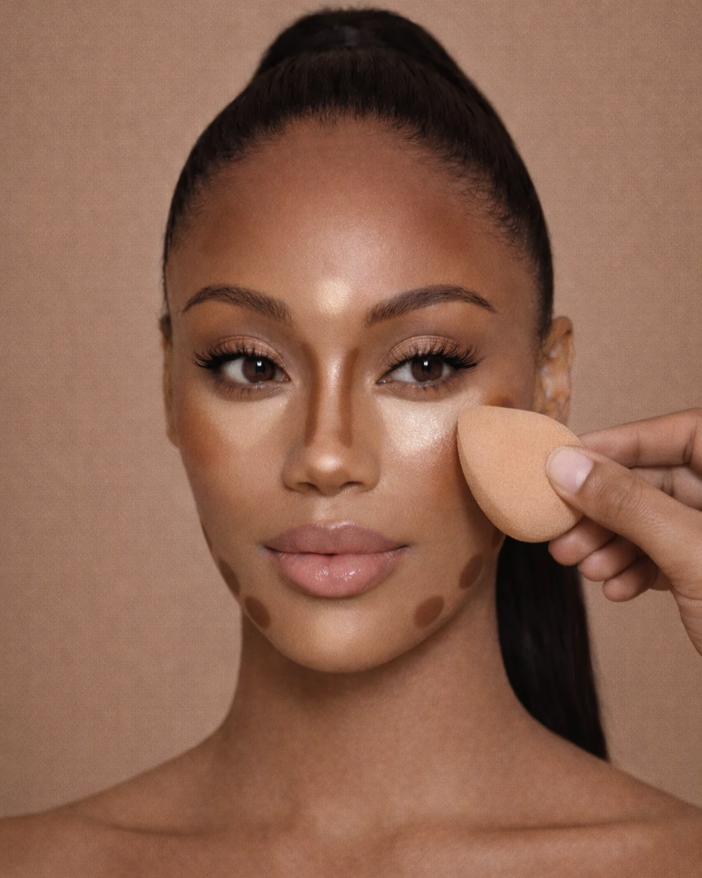 Estompage du contouring et de l’anticerne sur peau noire à l’éponge pour un rendu naturel et sans démarcation.