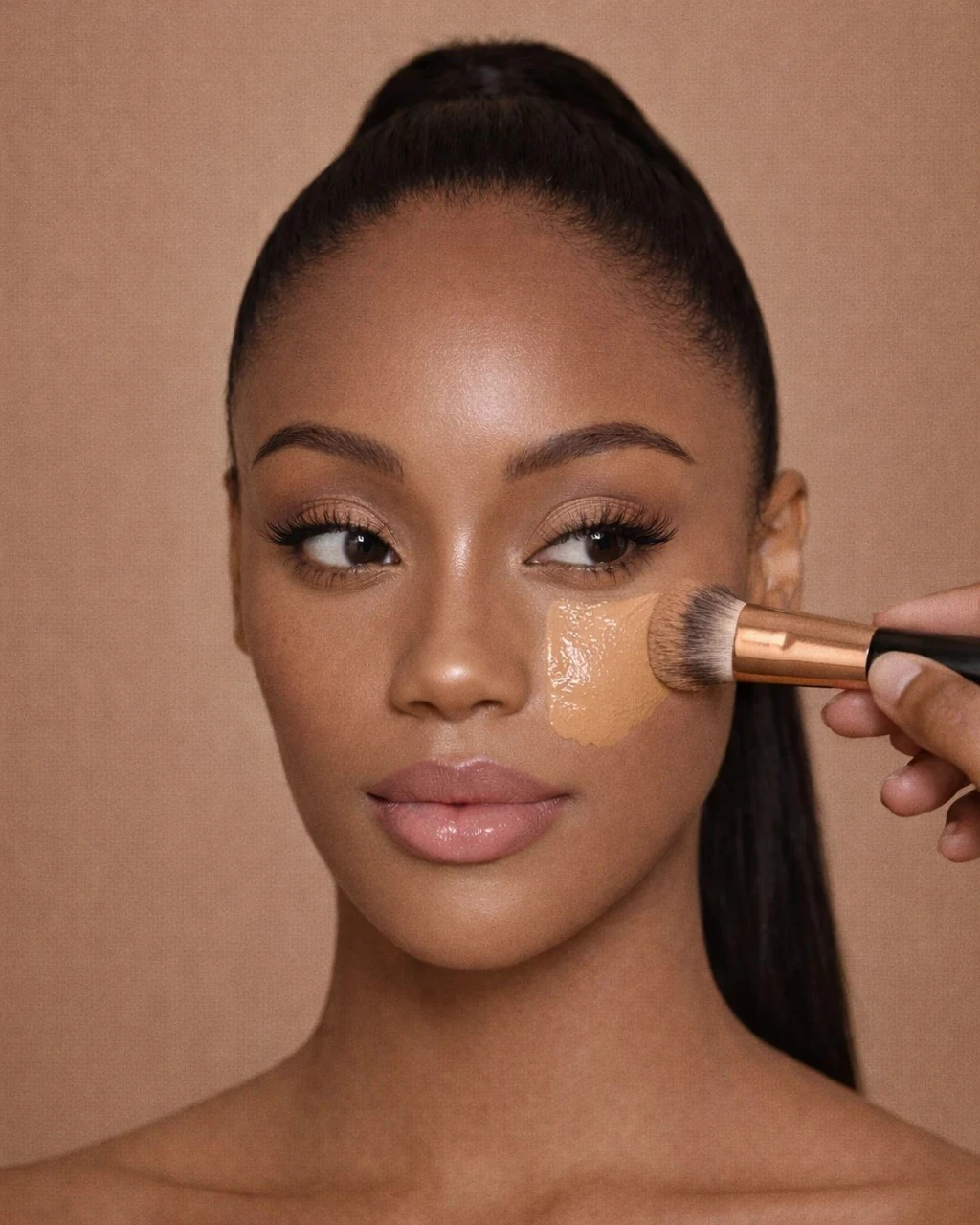 Application du fond de teint sur peau noire avant le contouring, unification du teint pour une base maquillage naturelle.