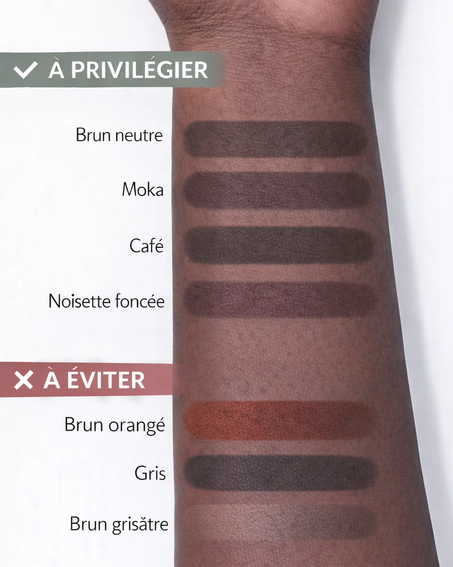 Nuancier de teintes de contouring pour peau noire à sous-ton neutre : brun neutre, moka, café