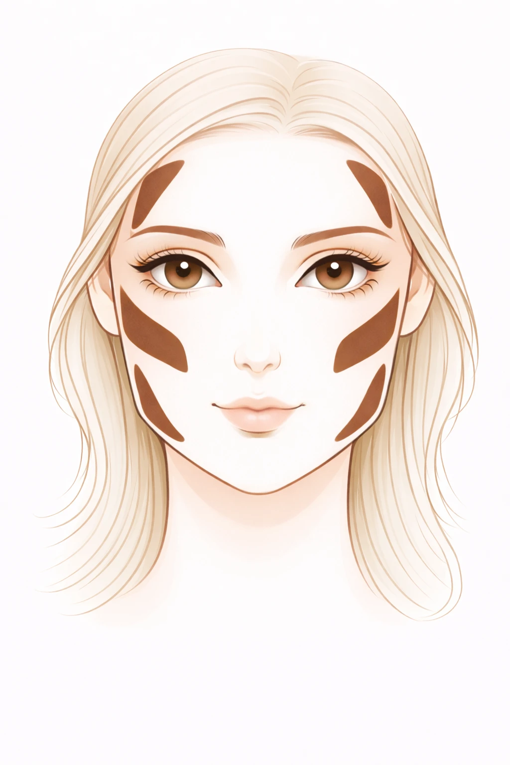 Schéma de contouring pour visage rectangulaire indiquant les zones d’ombres à appliquer sur les tempes, les joues et la mâchoire.