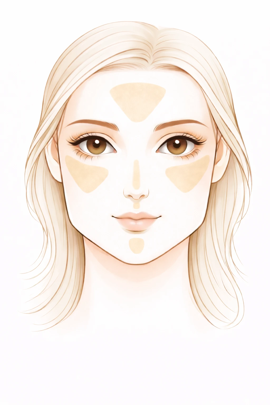 Schéma de contouring pour visage rectangulaire montrant les zones de lumière à appliquer sur le front, le nez, les pommettes et le menton.
