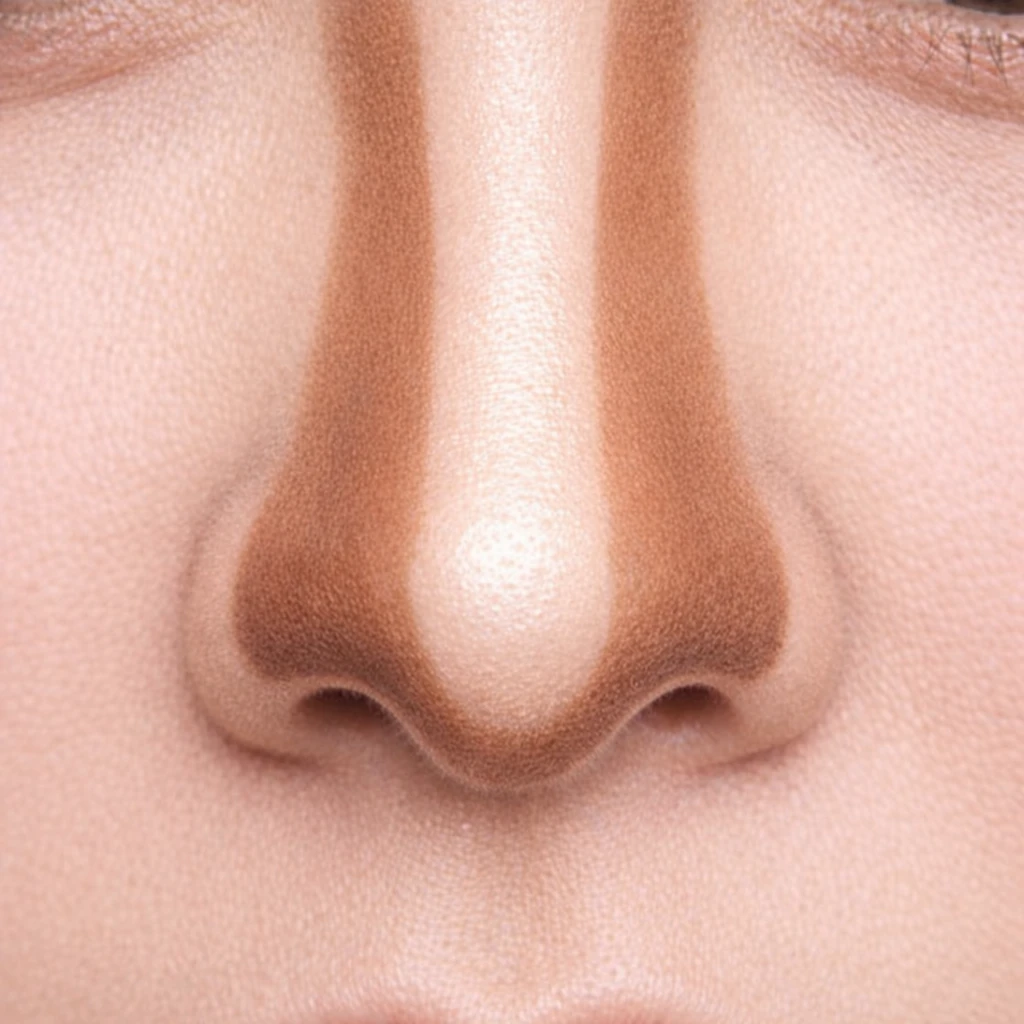 Affinez gros nez grâce au contouring maquillage, nez long vu de face avec traits de contour visibles avant estompage pour corriger la longueur.