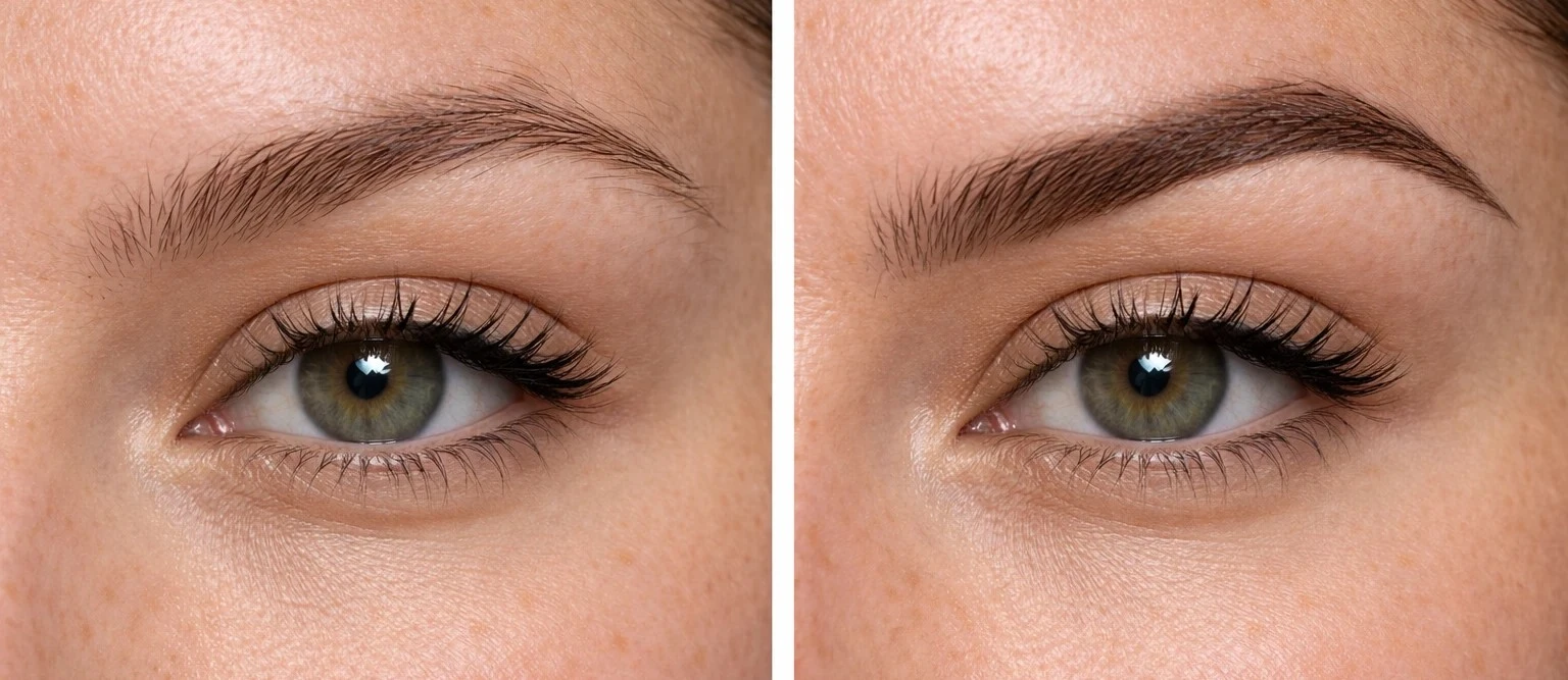 Contouring des sourcils sur œil féminin, comparaison d’un sourcil naturel et d’un sourcil redessiné, peau avec texture naturelle et pores visibles